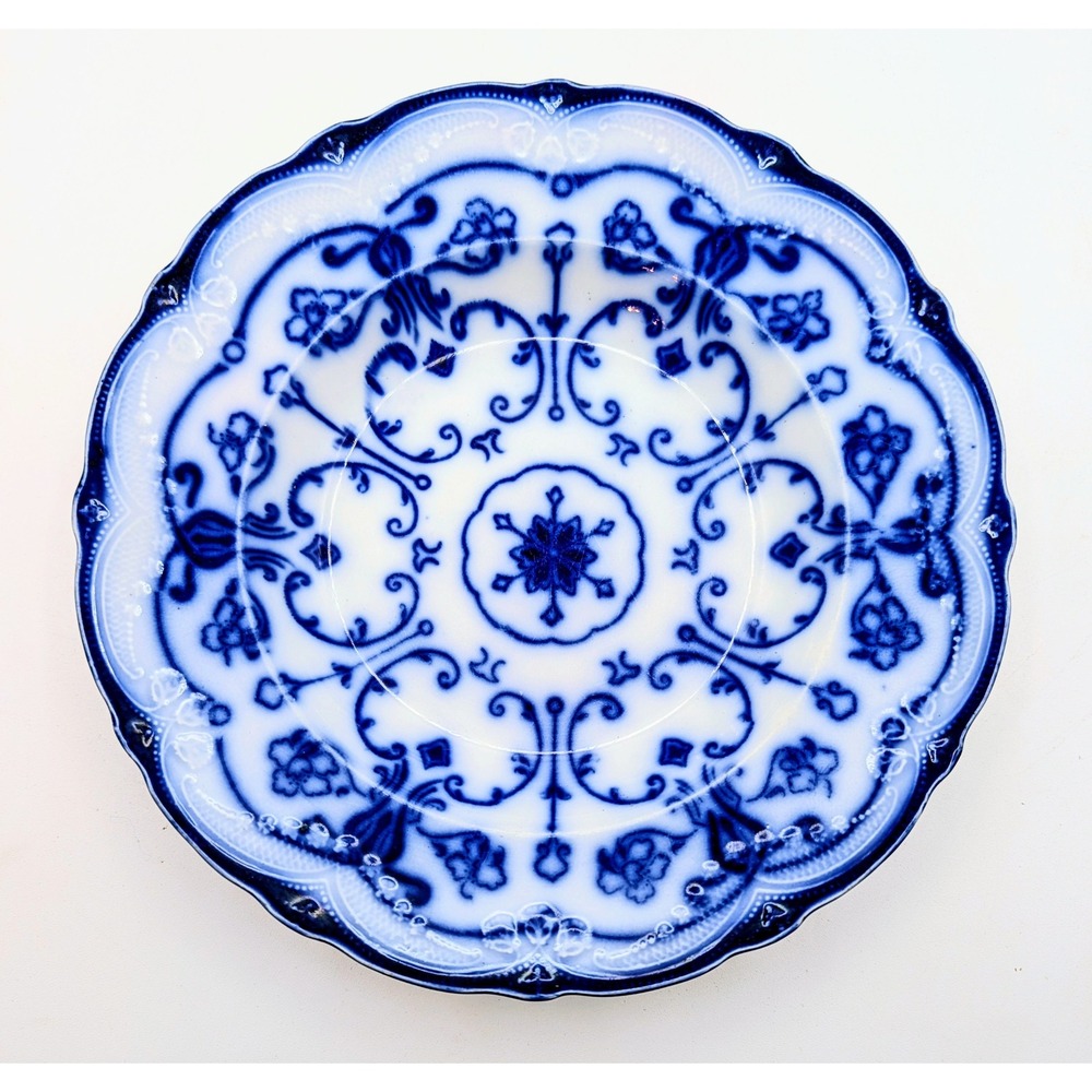 New Wharf Pottery Conway Flow Blue Plate Semi Porcelain England Scalloped 9.25in